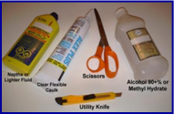 Photo, showing tools and glass door cleaning products used to prepare and install a "Univerally Adjustable - Shower Door Drip Rail" on either a framed or unframed glass door. Naptha, 99% Alcohol, Transparent Caulk, Scissors, and Utility knife.


