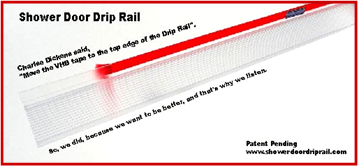 Shower Door Drip Rail photo showing partly peeled 3M-VHB liner from Transparent Adhesive Tape, w/black background.